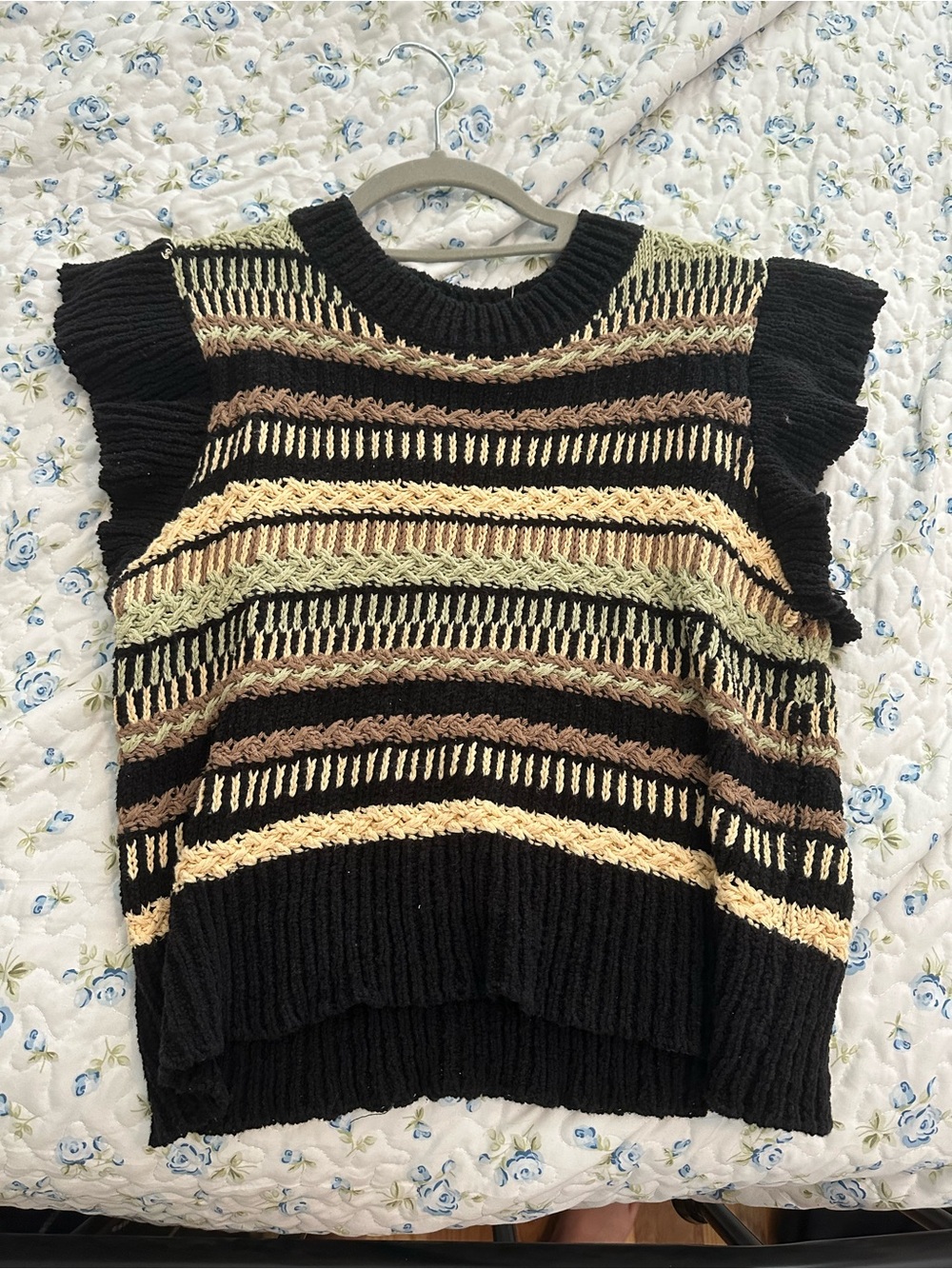 Elan Black Knit Sleeveless Sweater Top with Cream, Tan and Soft Green Stripes
